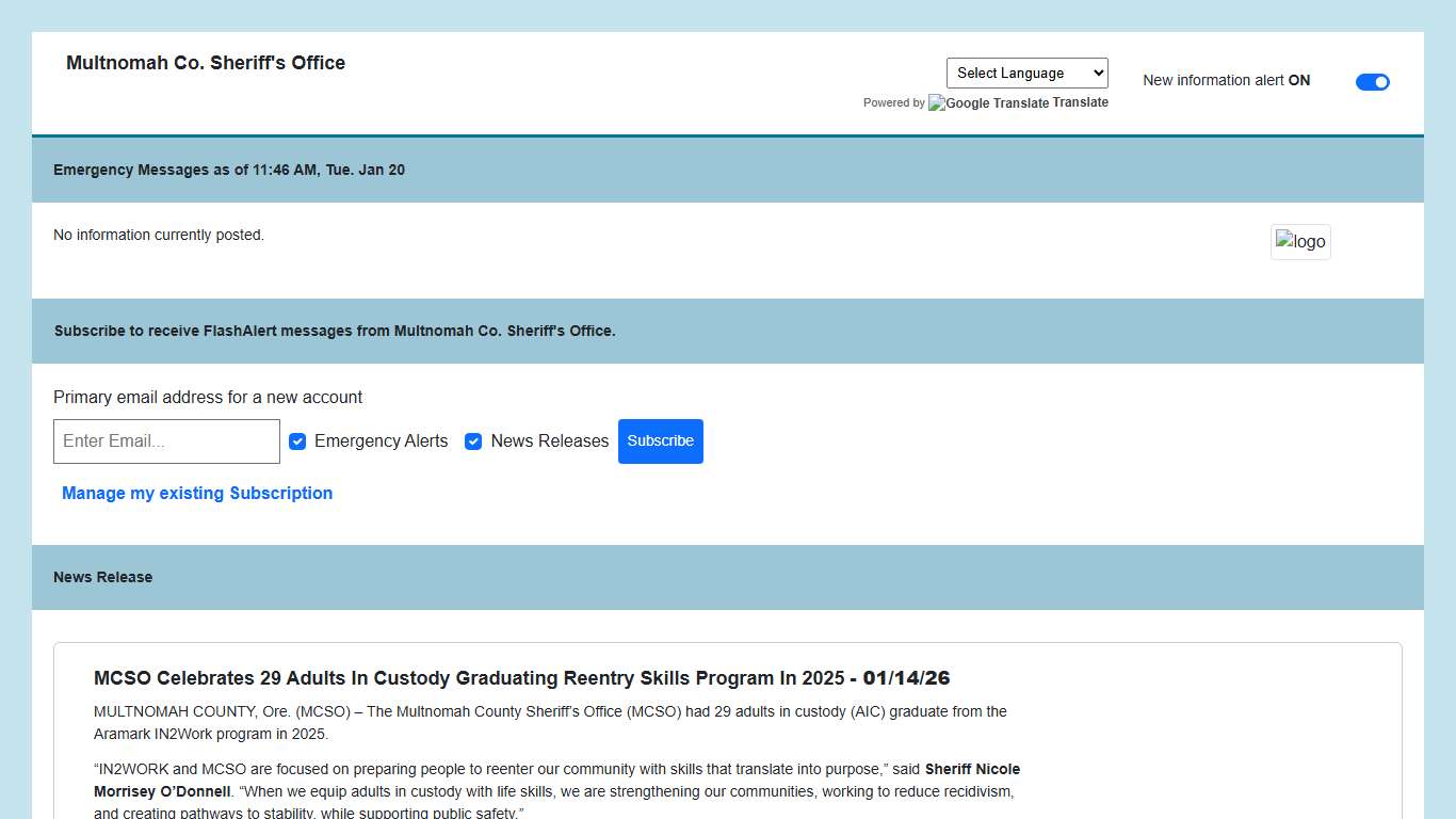 Multnomah Co. Sheriff's Office News via Flashalert.net