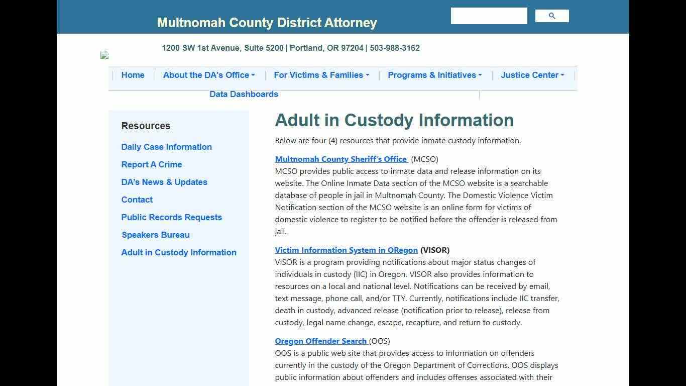 Adult in Custody Information | Multnomah County District Attorney